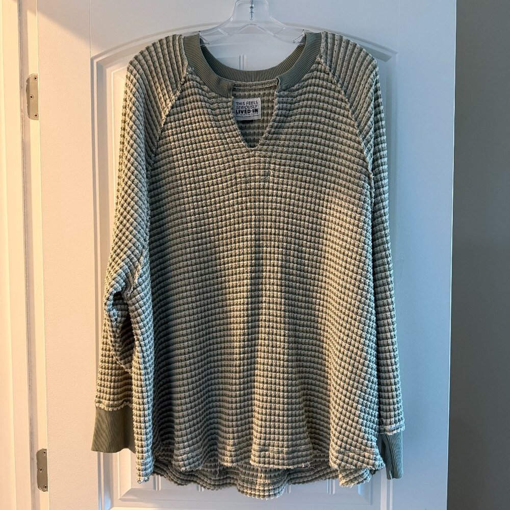 American Eagle Big Hug Notch Neck Waffle Sweater (Green)